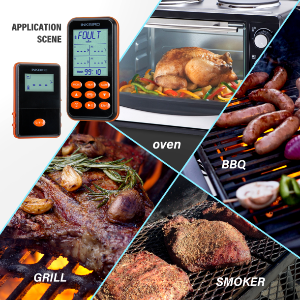 Inkbird IRF-4S � Tr�dl�st &amp; Vandt�t Grilltermometer med 300m r�kkevidde og 4 prober